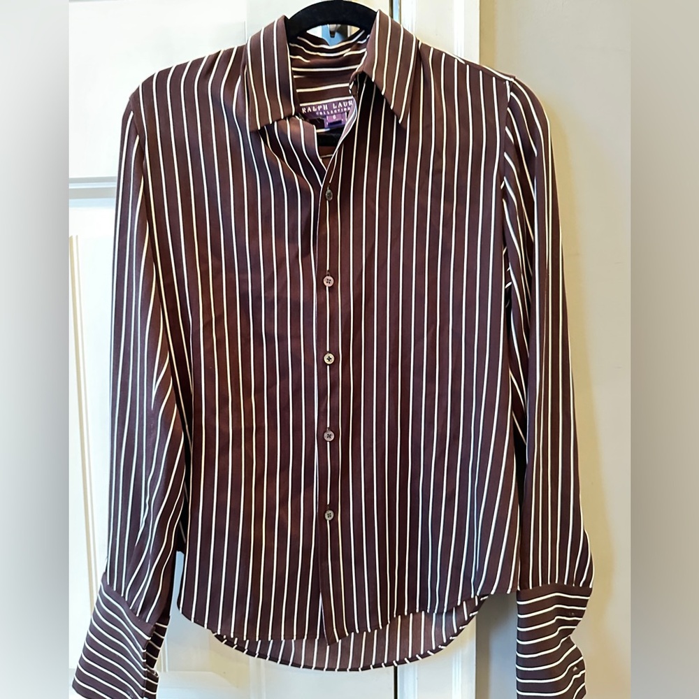 Ralph Lauren Collection Brown Silk Blouse with White Stripes